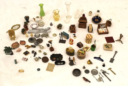 Large lot of miniatures incl tole tray, tools, coffee grinder, vases, etc