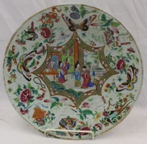 Antique Rose Medallion celadon charger - as found - 14 3/4" diam