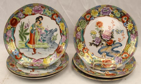 Lot of 6 (2 sets of 3) Chinese porcelain plates - 10" diam