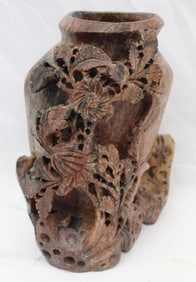 Lot of 2 pieces of Asian soapstone - carved vase & covered box