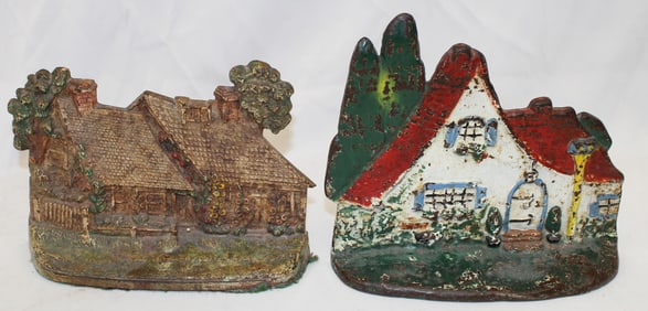 Lot of 2 cast iron painted house doorstops - 7"x9" & 6"x8"