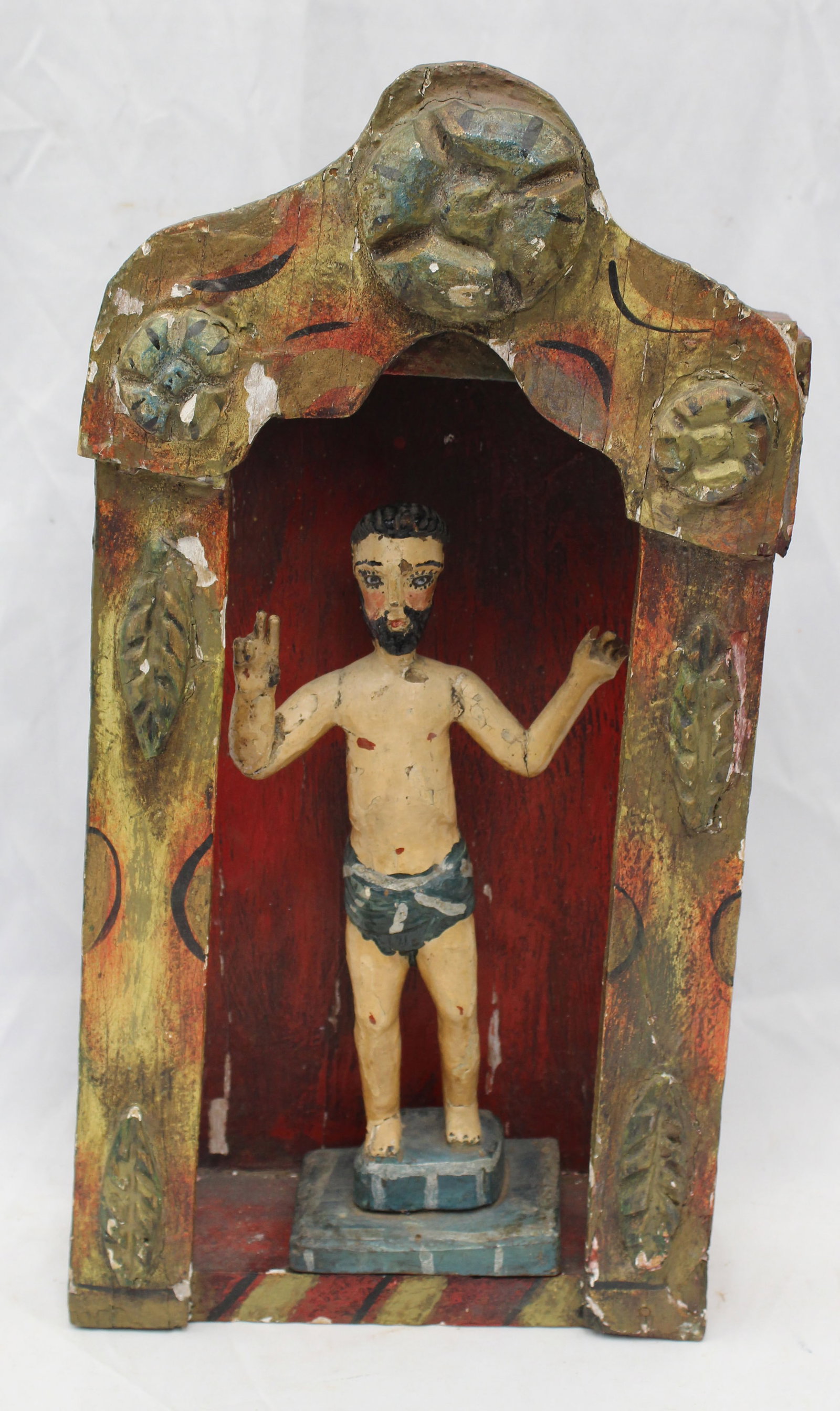 Antique Mexican Folk Art Shrine w figure - 19" tall w 12" figure: Antique Mexican Folk Art Shrine w figure - 19" tall w 12" figure