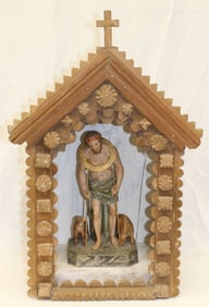 Antique Tramp Art Shrine w figure - 24" tall w 12" figure