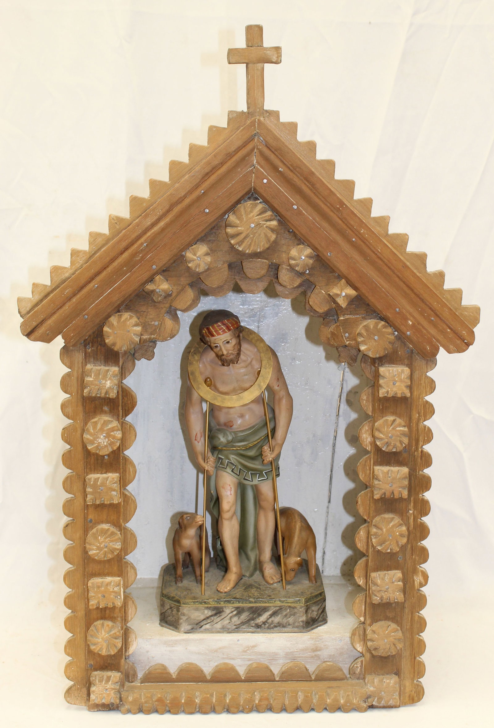 Antique Tramp Art Shrine w figure - 24" tall w 12" figure: Antique Tramp Art Shrine w figure - 24" tall w 12" figure
