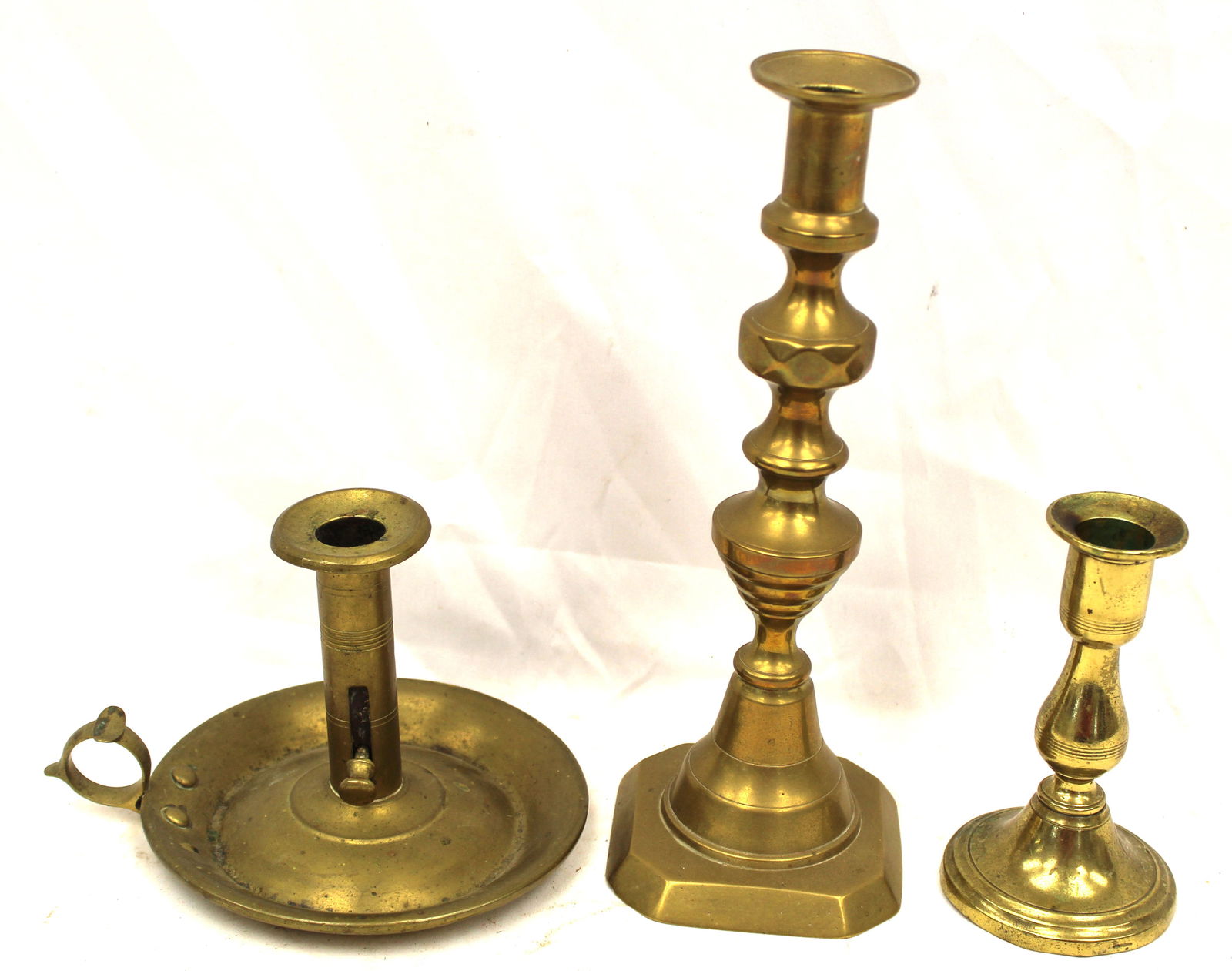 Lot of 3 single brass candlesticks - 4 1/2", 5" & 10" (1 of 5)