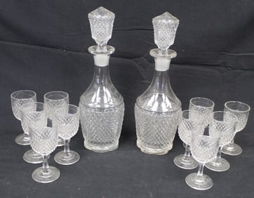 Lot of 2 pressed glass decanters with 10 wine glasses - "Hinoto" pattern - 4 1/4" glasses & 11 1/2"