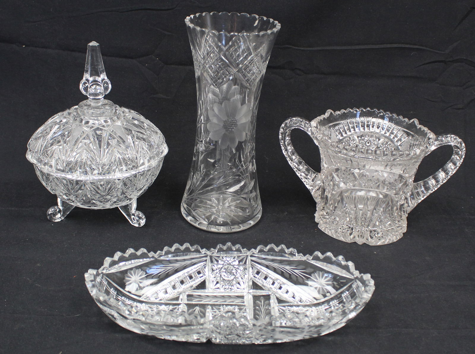 Lot of 4 pcs of cut glass items incl vase, covered candy dish, handled vase & celery - tallest vase (1 of 5)