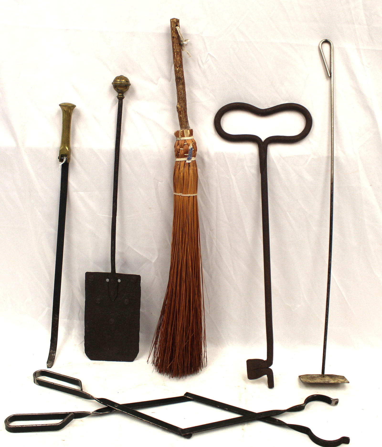 Lot of antique fireplace tools incl broom, tongs, poker, etc (1 of 5)