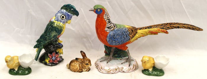 Vintage animal figural pottery lot incl Italian bird, Stangl Parrot & Goebel rabbit - tallest is 9"