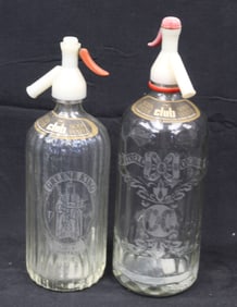 Lot of 2 vintage seltzer bottles with bakelite tops by Cantrell & Cochrane and Greene King