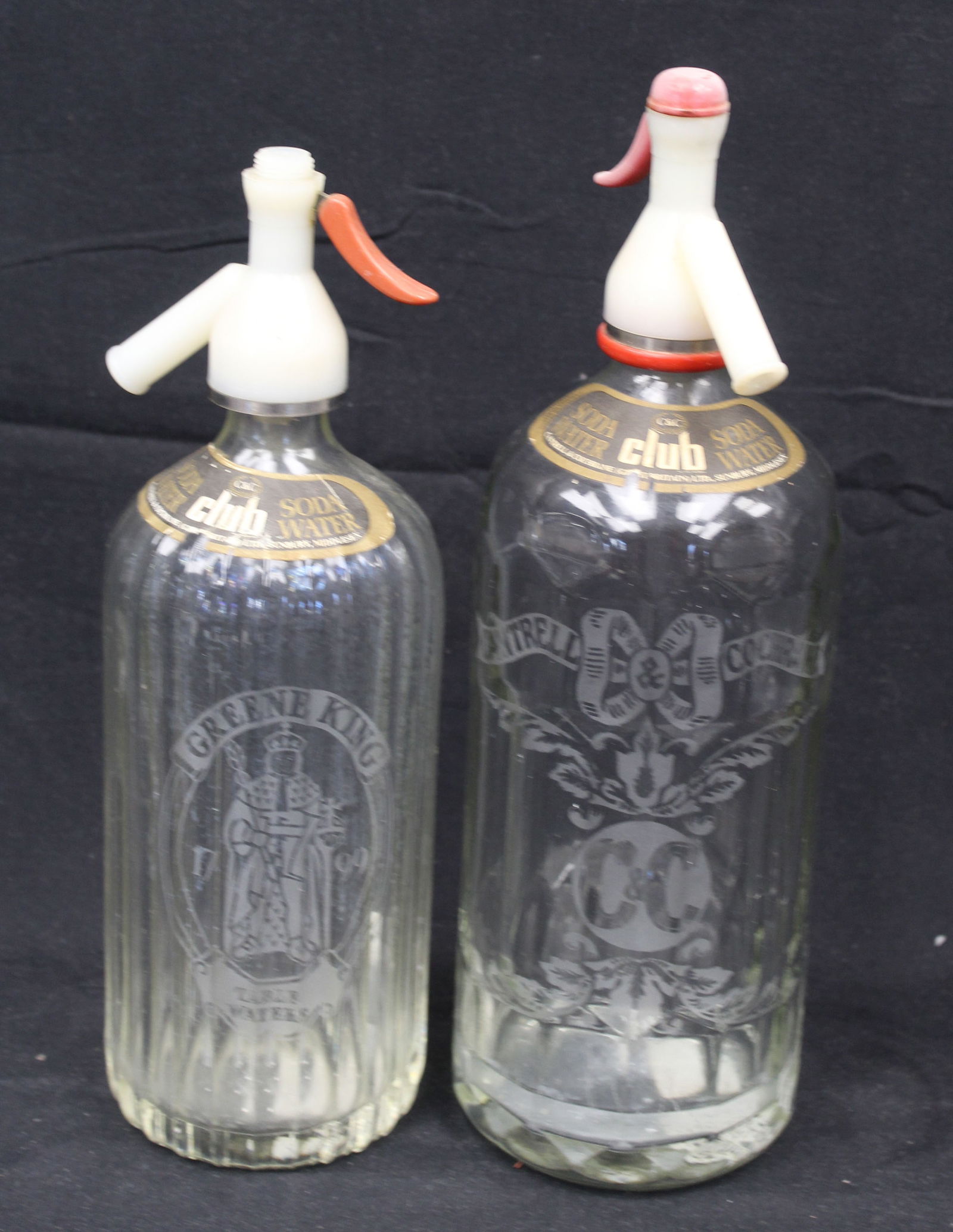 Lot of 2 vintage seltzer bottles with bakelite tops by Cantrell & Cochrane and Greene King (1 of 5)