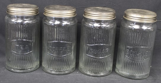 Set of 4 vintage clear glass canisters w screw tops - tea, Coffee, Sugar & Cookies - 9" tall