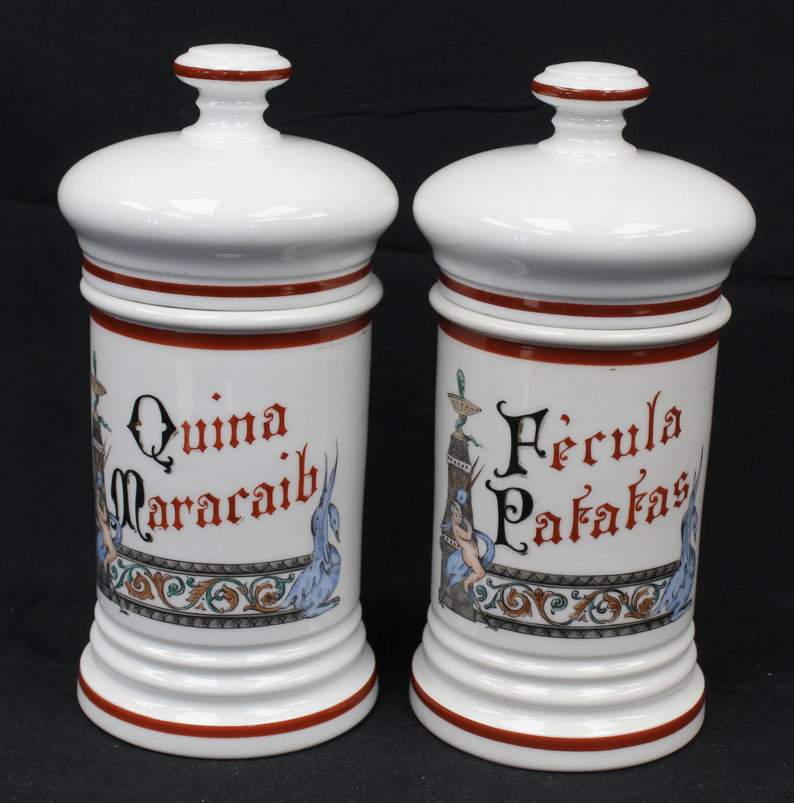 Pait of vintage porcelain apothecary jars - 10 1/2" tall: Pait of vintage porcelain apothecary jars - 10 1/2" tall