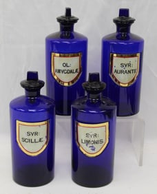 Set of 4 vintage cobalt glass apothecary jars w labels - 10" tall