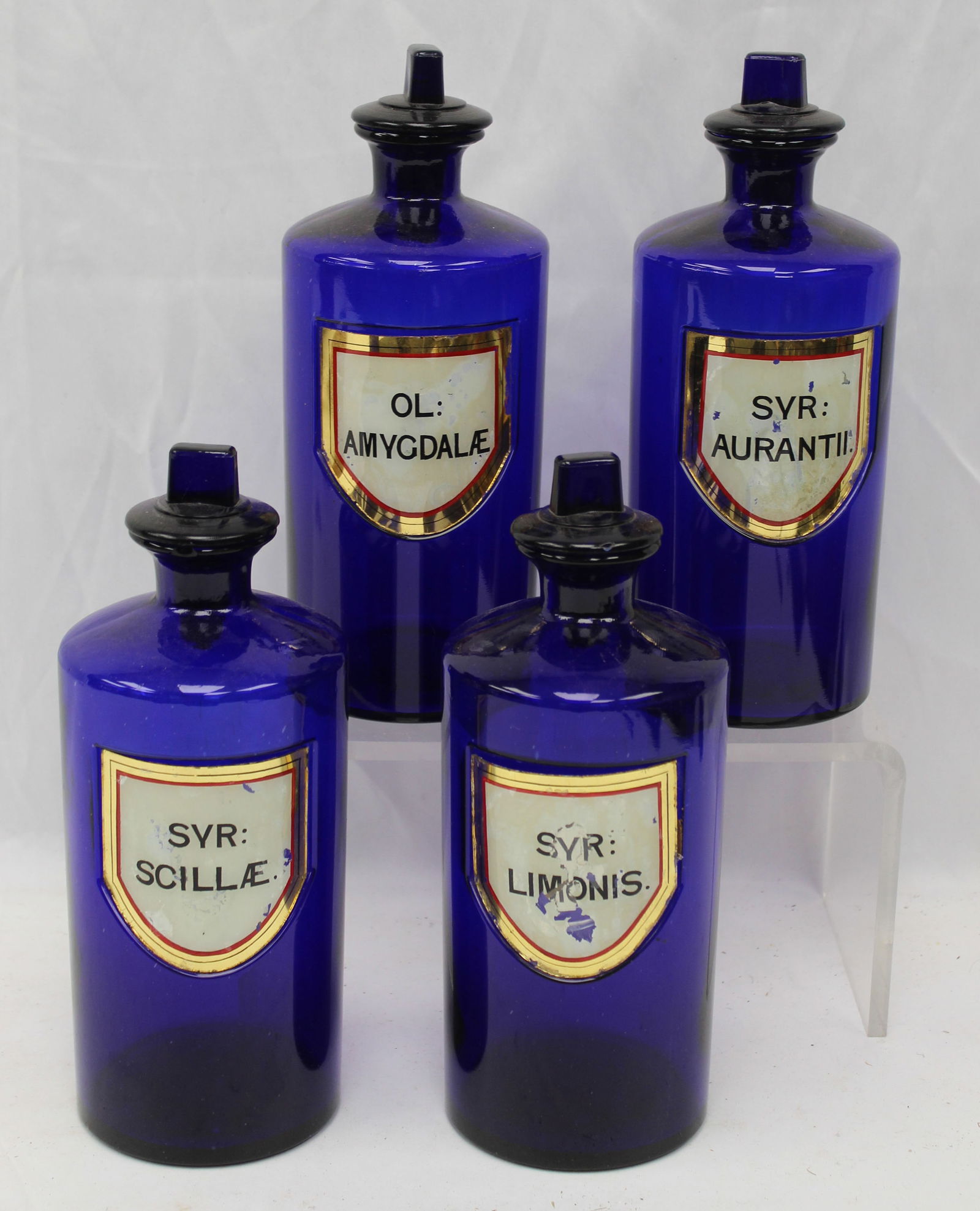 Set of 4 vintage cobalt glass apothecary jars w labels - 10" tall (1 of 9)