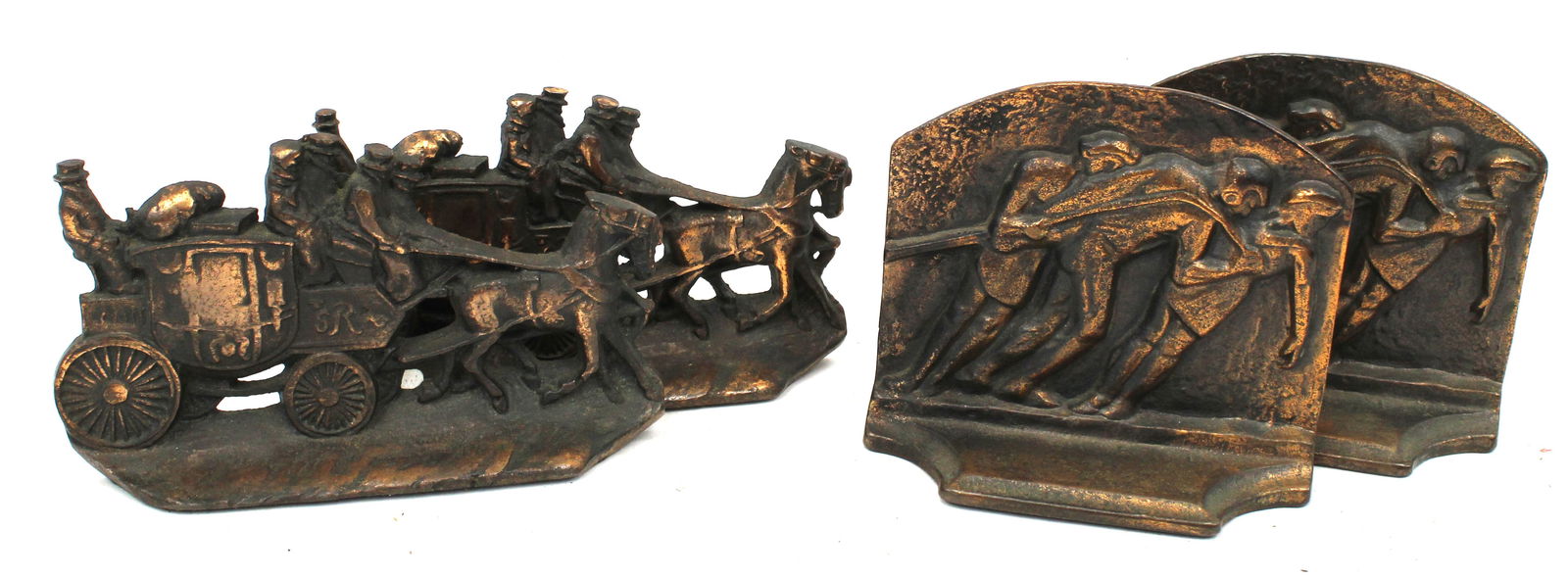 Lot of 2 pairs of cast iron book ends - W.H. Howell stagecoach & Galley Slave (1 of 6)