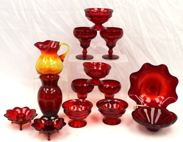 Lot of 14 pcs of cranberry glass incl wines, bowls, candlesticks, vase & an Amberina pitcher