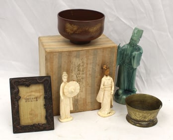 Asian lot incl 2 bone figurines, pottery figurine & bowl & brass bowl