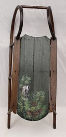 Antique wooden painted sled w birds in tree decoration