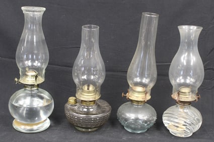 Lot of 4 antique clear glass kerosene lamps