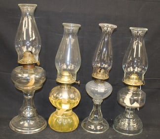 Lot of 4 antique clear glass kerosene lamps
