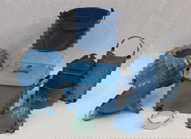 Lot of 8 blue enameled kitchenware items incl bucket, salt, grater, funnel, etc