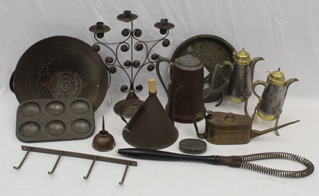 Large lot of mixed metal items incl candleabrum, oil cans, chocolate pots, coffee pot, muffin pan,