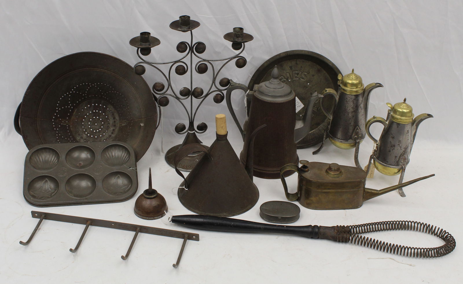 Large lot of mixed metal items incl candleabrum, oil cans, chocolate pots, coffee pot, muffin pan, (1 of 6)