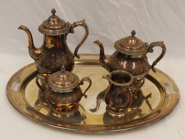 Gorham silverplate tea set on round tray