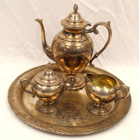 Rogers silverplate tea set on round tray