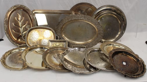 Large lot of silverplate trays, chargers & platters