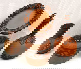 Lot of 4 pottery items incl terra cotta & redware vase, decanter, covered jar & plate