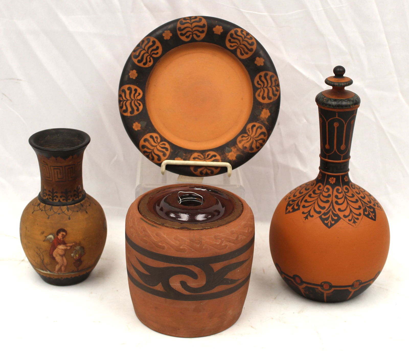 Lot of 4 pottery items incl terra cotta & redware vase, decanter, covered jar & plate (1 of 7)