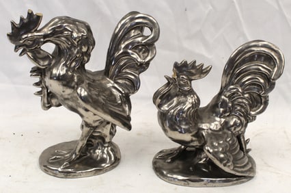 Lot of 2 silvered pottery roosters