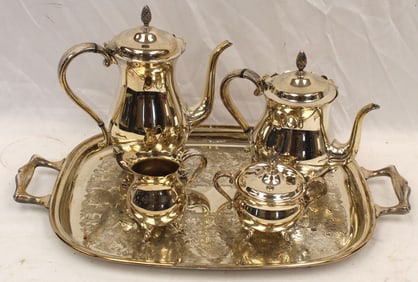 Silverplate 4 pc tea set on 2 handled tray