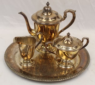 Silverplate 3 pc tea set on round tray