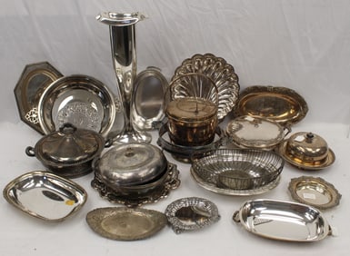 Large silverplate lot incl ice bucket, trays, chargers, basket, large vase, etc