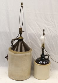 Lot of 2 brown & cream stoneware jug electrified lamps