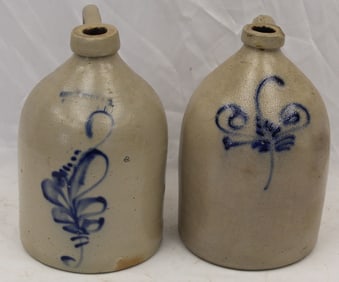 Lot of 2 stoneware jugs w cobalt decoration - as found