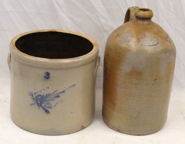 Lot of 2 stoneware items incl 2 gal crock w cobalt dec & 3 gal jug