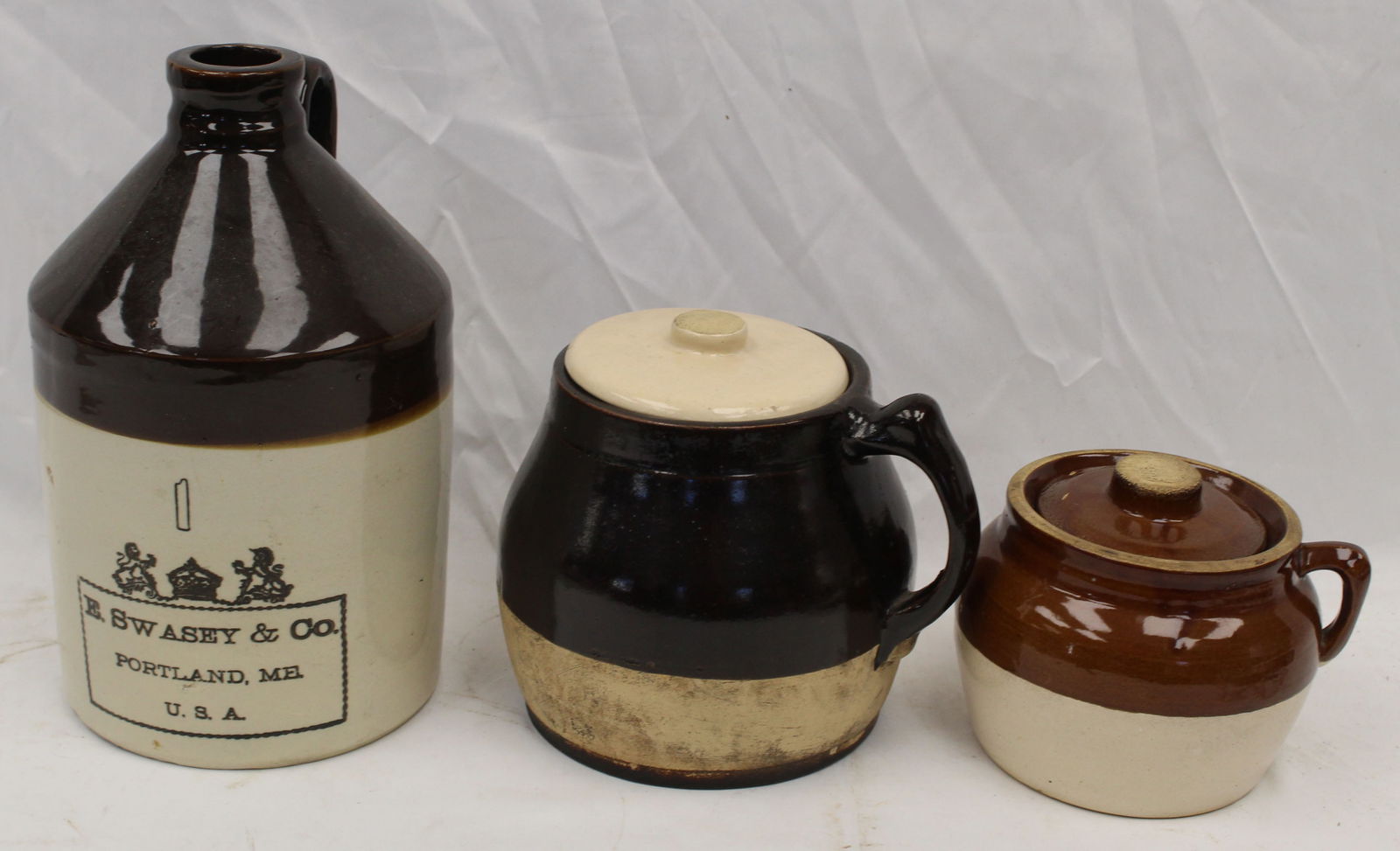 Lot of 3 brown & white stoneware items incl jug & 2 bean pots (1 of 4)