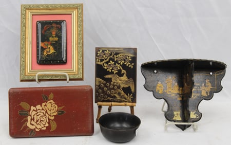 Lot of 5 Japanese lacquered items incl bowl, plaques, wall shelf & box