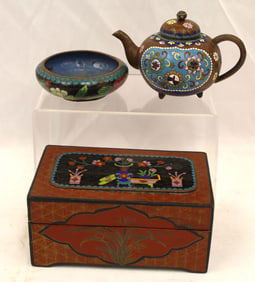 Lot of 3 Cloisonne items incl box, teapot & bowl
