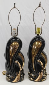 Pr of black & gold glass table lamps