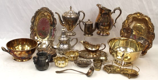 Large lot of silverplate incl bowls, chargers, teapots, pitcher, etc