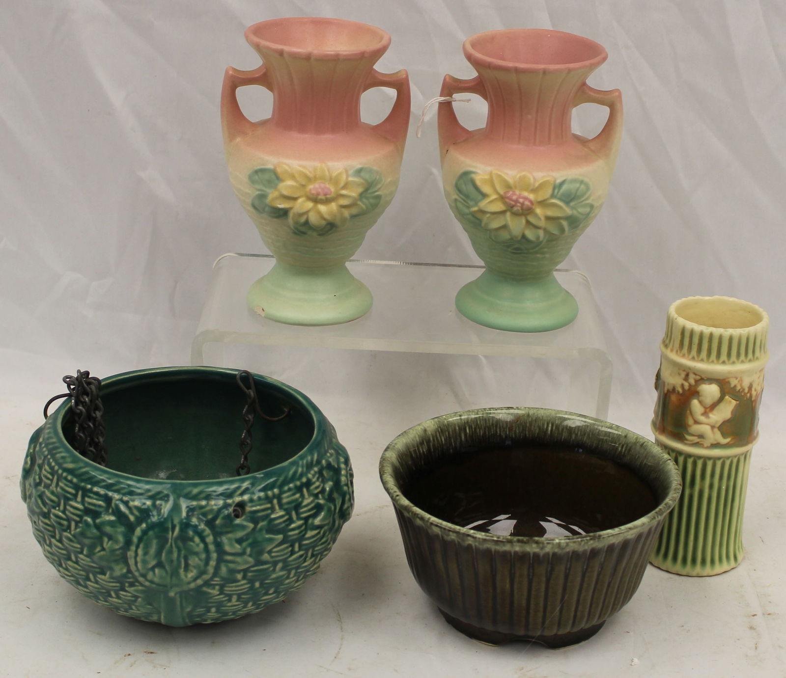 Pottery lot incl Roseville vases, Hull bowl & an unsgnd planter (1 of 8)