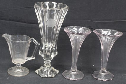 Lot of early glass incl Fostoria pitcher, 2 trumpet vases & a large vase