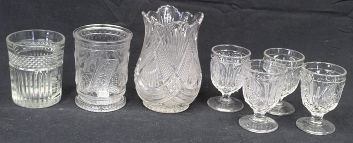 Lot of pressed & flint glass incl spooner, tumbler, cordials & a vase