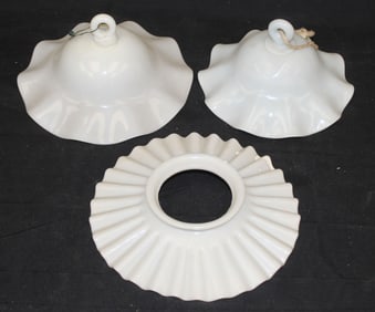 Lot of 2 white glass smoke bells plus a lamp shade ring