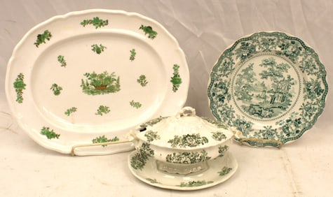 Lot of green transferware china incl platter, gravy w undertray & small plate